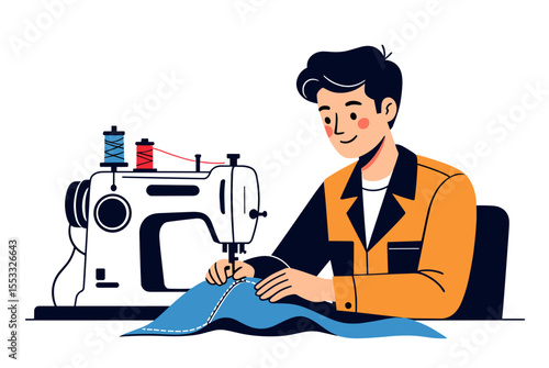 Illustration of a Man Sewing Blue Fabric with a Sewing Machine, Demonstrating Tailoring and Craftsmanship