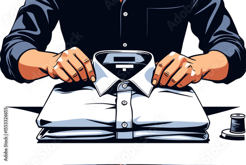 Man Folding a White Dress Shirt with Careful Precision, Preparing for Storage or Display, Illustration