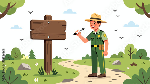 Cartoon Park Ranger Painting a Sign in a Scenic Natural Landscape Illustration