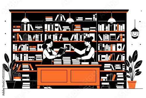Illustration of a Bookstore Scene with People Browsing Books on Shelves and at the Counter