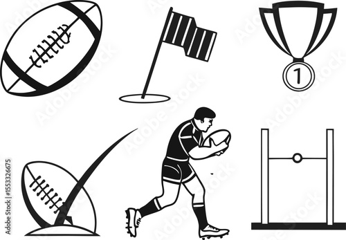 Rugby Icon Set – Ball, Player, Goalpost, Flag, Medal Vector Illustration