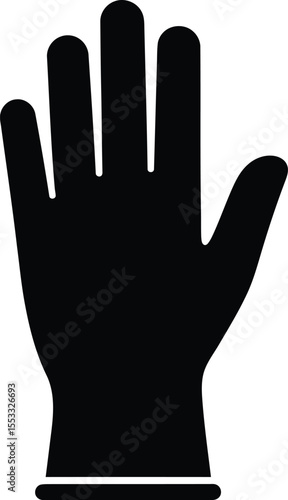 Black silhouette of a gloved hand with fingers extended, palm facing forward, against a white background.