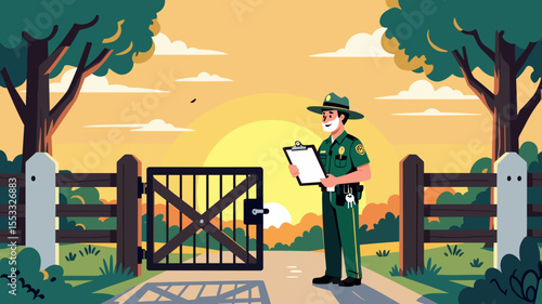 Park Ranger Inspecting Gate at Sunset Illustration with Trees and Cloudy Sky, Checking Clipboard