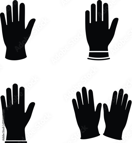 Four Icon Set black glove icons are displayed against a white background in a simple, graphic style.