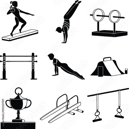 Gymnastics and Fitness Icon Set – Balance Beam, Rings, Push Up, Bar, Trophy Vector Illustration