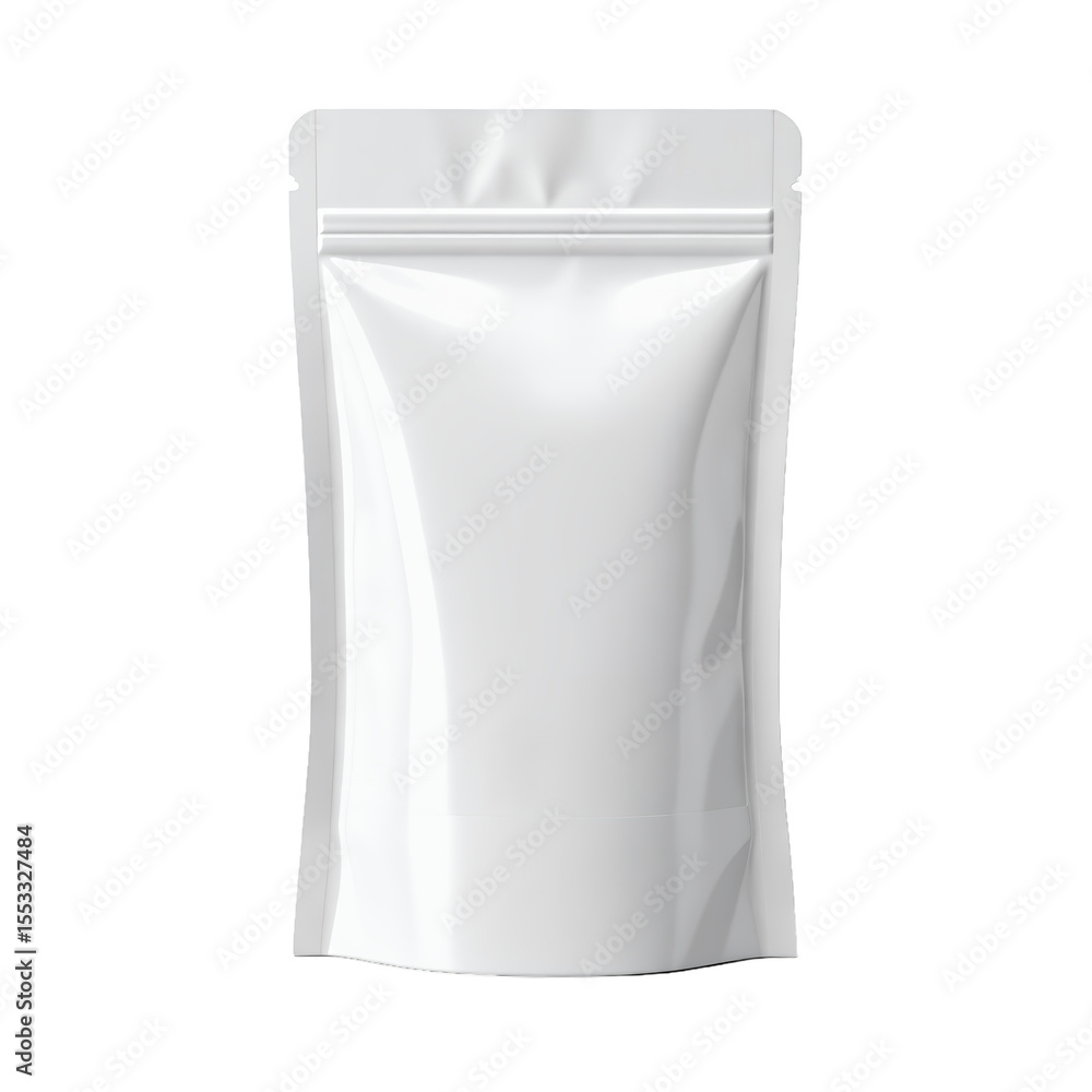 Sleek white stand-up pouch mockup with a resealable zipper for product showcasing on transparent background Sleek white stand-up pouch mockup with a resealable zipper for product showcasing on transparent background