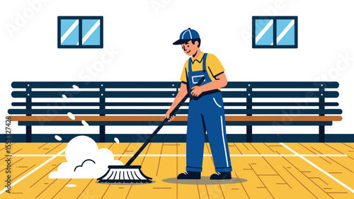 Cartoon Illustration of a Janitor Cleaning a Gym Floor with a Broom, Maintaining Cleanliness and Hygiene