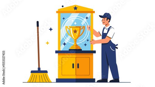 Illustration of a Janitor Polishing a Trophy in a Display Case, Symbolizing Success and Achievement