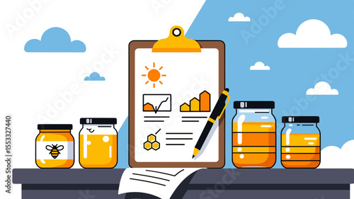 Honey Production and Sales Analysis with Jars of Honey and a Clipboard Illustration