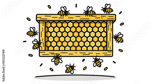 Honey Bees Gathering Around a Honeycomb Frame Illustration with Clean Lines and Bright Colors