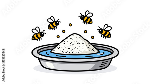 Cartoon Illustration of Bees Hovering Around a Dish of Sugar Water, a Sweet Treat for Pollinators