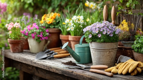 Wallpaper Mural Spring garden tools and blooming flowers on a rustic wooden bench Torontodigital.ca