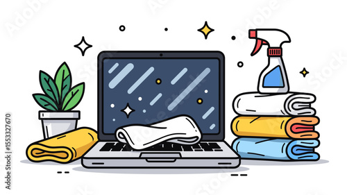 Laptop Cleaning Illustration with Spray Bottle and Towels for Hygiene and Maintenance, Promoting Cleanliness and Productivity
