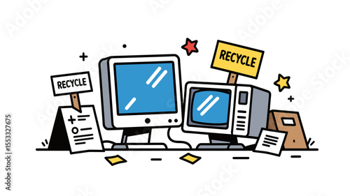 Illustration of Old Computer Recycling with Recycle Signs and Stars, Promoting Environmental Awareness and Sustainable Practices