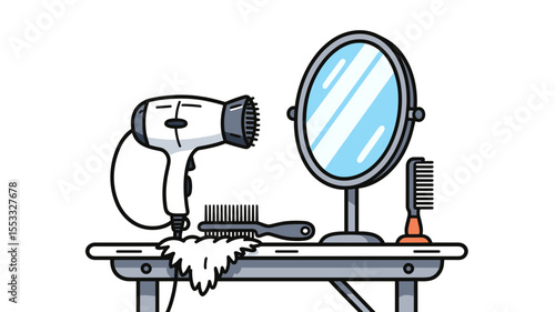 Cartoon Illustration of Hairdressing Tools and Mirror on a Table for Beauty and Self-Care