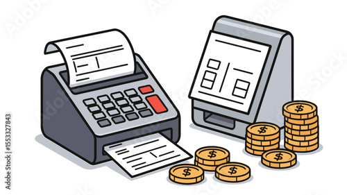 Isometric Illustration of a Cash Register and Credit Card Terminal with Gold Coins, Representing Business and Finance