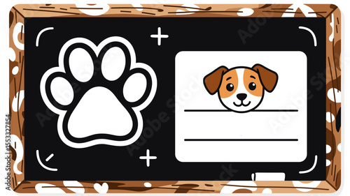 Cute Dog and Paw Print on Chalkboard Illustration with Wood Frame and Blank Name Tag for Pet Information