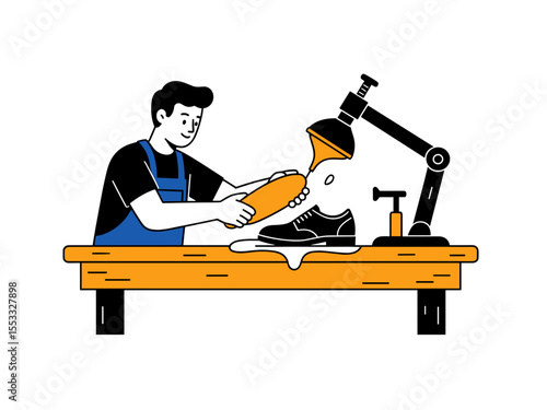 Illustration of a Cobbler Repairing a Shoe with Glue Under a Lamp on a Wooden Workbench