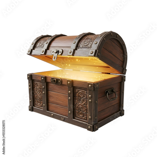 Photo of an antique wooden treasure chest is open revealing a magical golden light isolated on transparent background