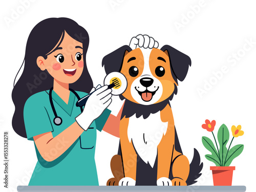 Veterinarian Examining a Cute Dog's Ear with Otoscope in a Friendly and Caring Manner Illustration