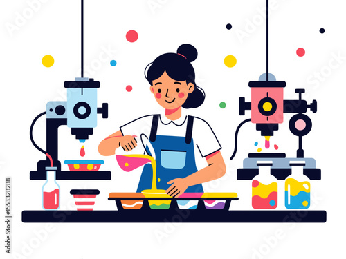Cartoon Illustration of a Woman Pouring Liquid into Molds with Industrial Machinery in the Background, Flat Design Style