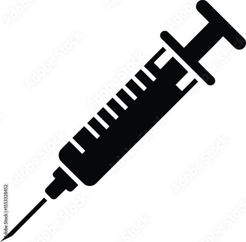 Simple black and white illustration of a medical syringe with needle.