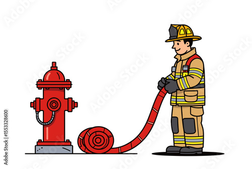 Cartoon Firefighter in Uniform Connecting a Red Fire Hose to a Red Fire Hydrant Illustration