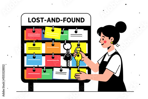 Woman Posting Lost and Found Notice on Bulletin Board with Colorful Notes and Keys Illustration