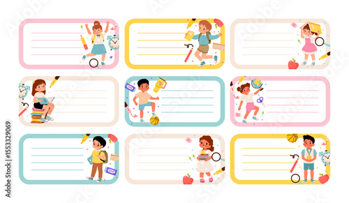 School label sticker set for kids in a flat vector style. Name label with place for text. Back to school organization, name tags, notebooks, and cute school supplies.