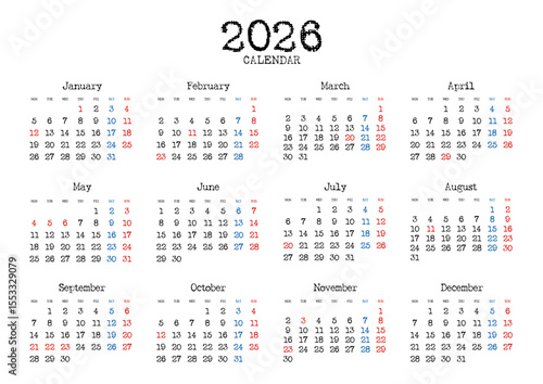 2026年の年間カレンダー月曜始まりタイプライター風文字 横位置