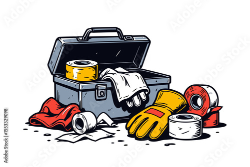 Illustration of a Toolbox with Tools and Supplies, including Tape, Cloth, and a Glove, for Maintenance and Repair