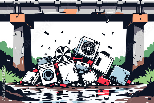 Pile of Discarded Appliances Under a Bridge, Illustrating Environmental Pollution and Waste Management Issues