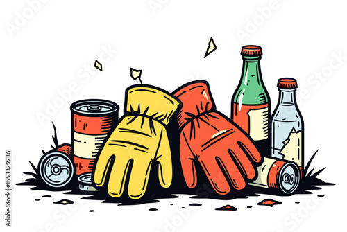 Illustration of Discarded Waste Including Gloves, Cans, and Bottles, Highlighting Environmental Pollution and the Need for Recycling