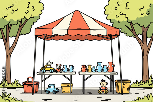 Cartoon Illustration of a Flea Market Stall with Various Items for Sale Under a Striped Tent