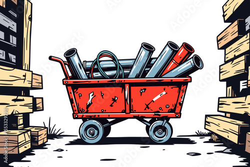 Red Cart Filled with Metal Pipes and Objects in a Cartoon Style Illustration, Depicting Industrial Material Transport