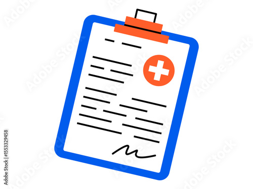 Hand drawn cute cartoon illustration of clipboard with medical prescription. Flat vector clinic report doodle. Health care document sticker, icon. Patient information. Diagnosis or receipt. Isolated.