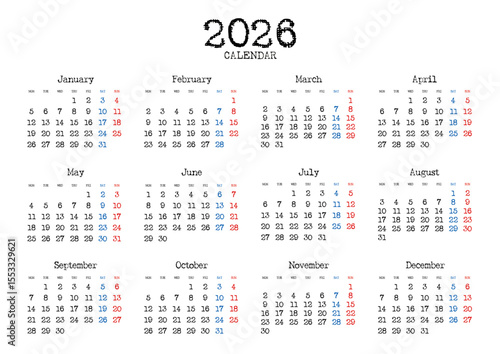2026年の年間カレンダー月曜始まり 日本の祝日表記無し タイプライター風文字 横位置