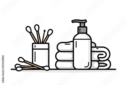 Minimalist Bathroom Still Life: Illustration of Cotton Swabs, Lotion Bottle, and Folded Towels