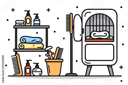 Vector Illustration of a Grooming Salon with Shelves, Towels, Products, and a Dryer Cabinet