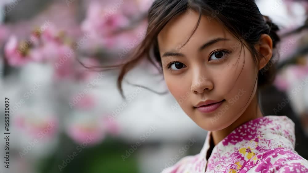 Beautiful young woman wearing a kimono standing against a backdrop of blooming cherry blossoms.
Beautiful young woman wearing a kimono standing against a backdrop of blooming cherry blossoms.