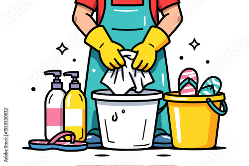 Illustration of a person cleaning with cleaning supplies, including a bucket, cleaning solutions, and cloth, in a cartoon style