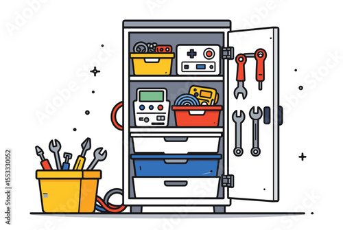 Illustration of a Well-Organized Tool Cabinet with Various Tools and Equipment Inside, Flat Vector Design