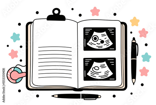 Illustration of an Open Medical Clipboard with Ultrasound Images, Pen, and Stethoscope, Suggesting Pregnancy or Medical Consultation
