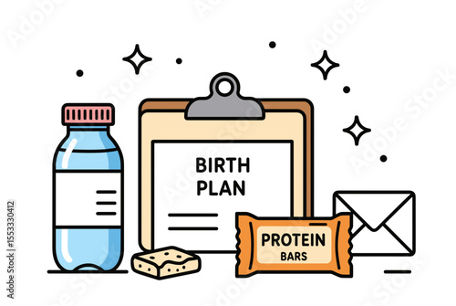Birth Plan Clipboard with Protein Bar and Water Bottle Flat Design Illustration, Preparing for Labor and Delivery