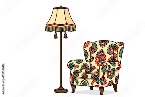 Vintage Armchair and Floor Lamp Illustration with Paisley Pattern, Decorative Home Interior Design