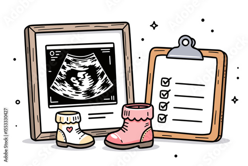 Pregnancy Checklist Illustration with Ultrasound Scan and Baby Shoes, Preparing for Parenthood