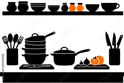 Kitchen Utensils and Cookware Silhouette Illustration with Pots, Pans, Bowls, and Knives on Shelves and Countertops