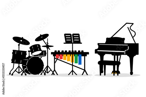 Musical Instruments Silhouette: Piano, Drum Set, and Xylophone Vector Illustration for Music Education