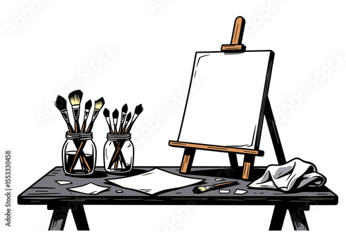 Artist's Easel with Blank Canvas and Paintbrushes in Jars on a Dark Table, Illustration
