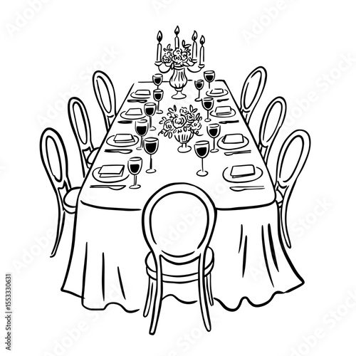 Whimsical line art wedding table. Celebration icon.
